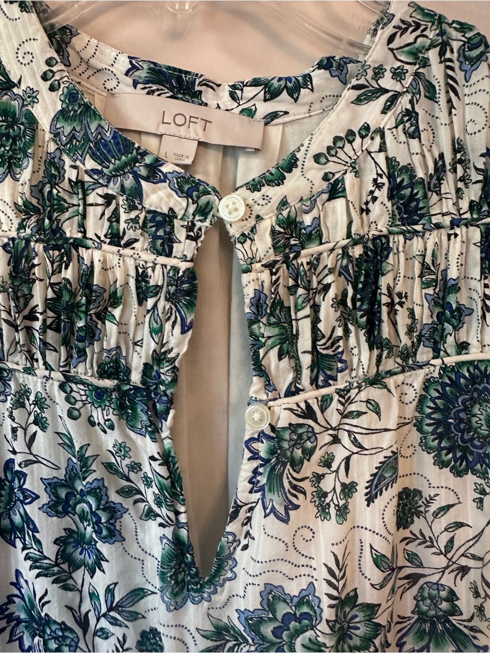 LOFT White Blouse with Blue and Green Floral Print
